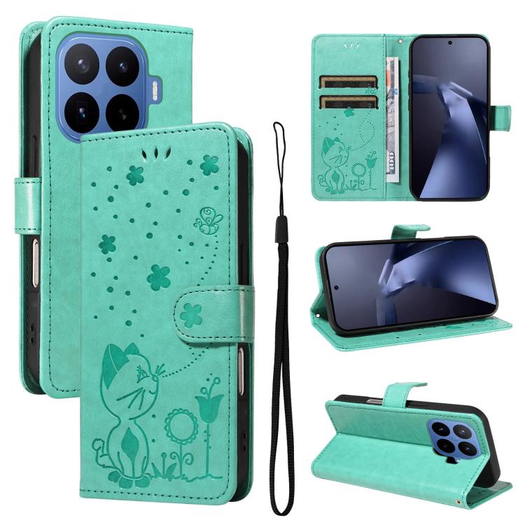 

For Xiaomi 17T 5G Global Cat and Bee Embossed Flip Leather Phone Case(Green)