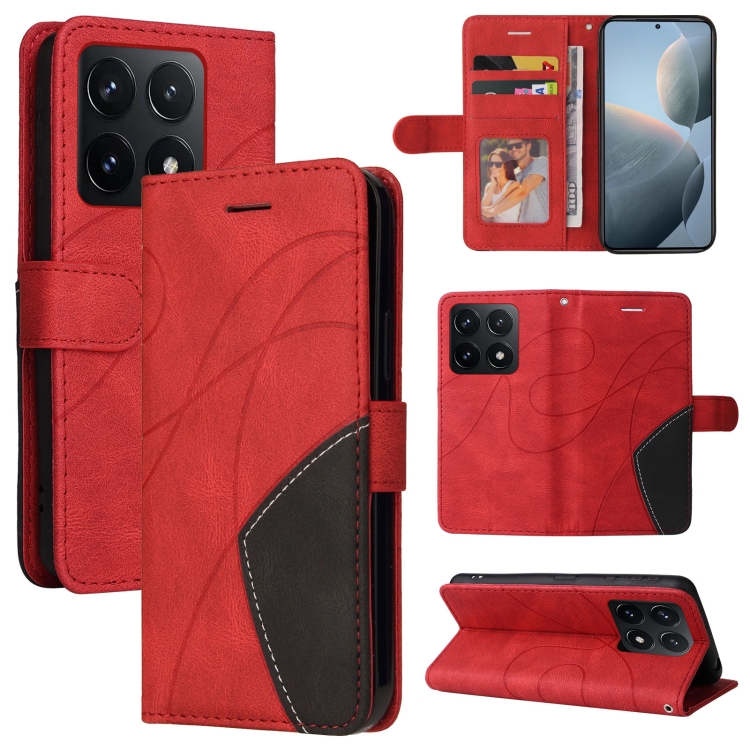 

For Xiaomi 14T Dual-color Splicing Flip Leather Phone Case(Red)
