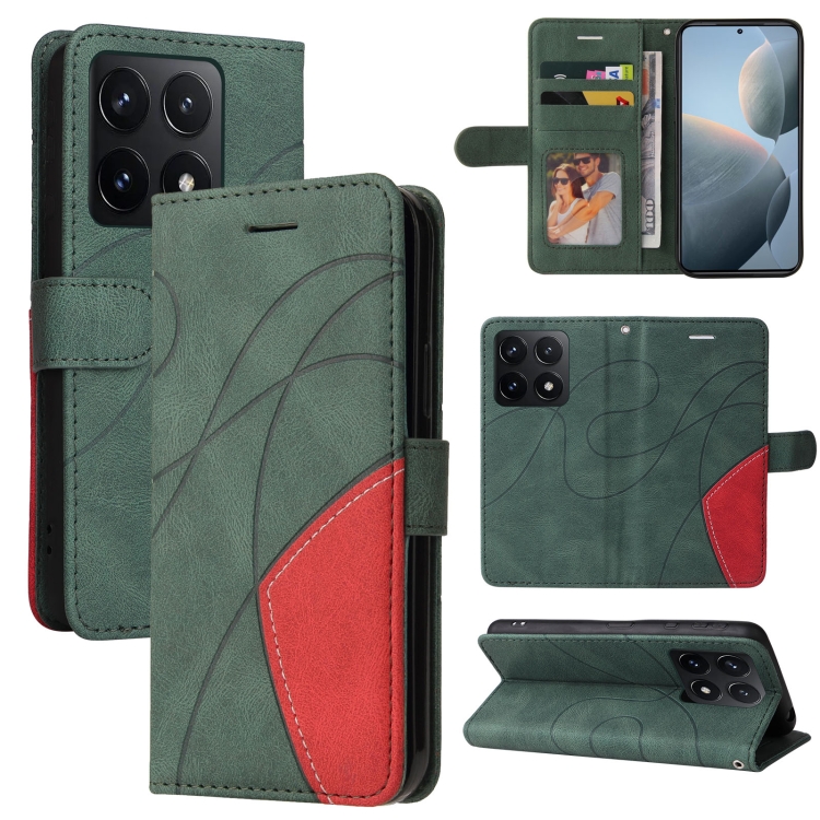 

For Xiaomi 14T Dual-color Splicing Flip Leather Phone Case(Green)