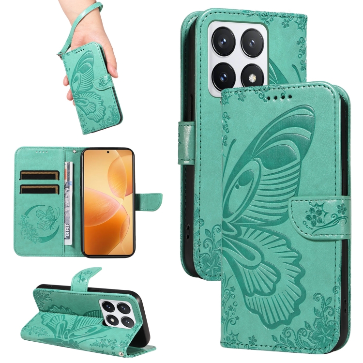 

For Xiaomi 14T Pro Swallowtail Butterfly Embossed Leather Phone Case(Green)