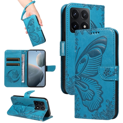 

For Xiaomi 14T Swallowtail Butterfly Embossed Leather Phone Case(Blue)