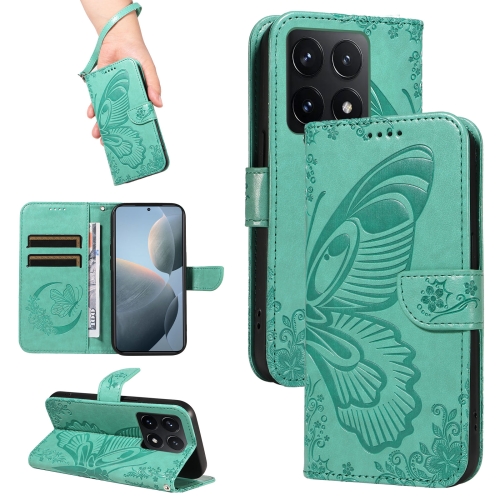 

For Xiaomi 14T Swallowtail Butterfly Embossed Leather Phone Case(Green)