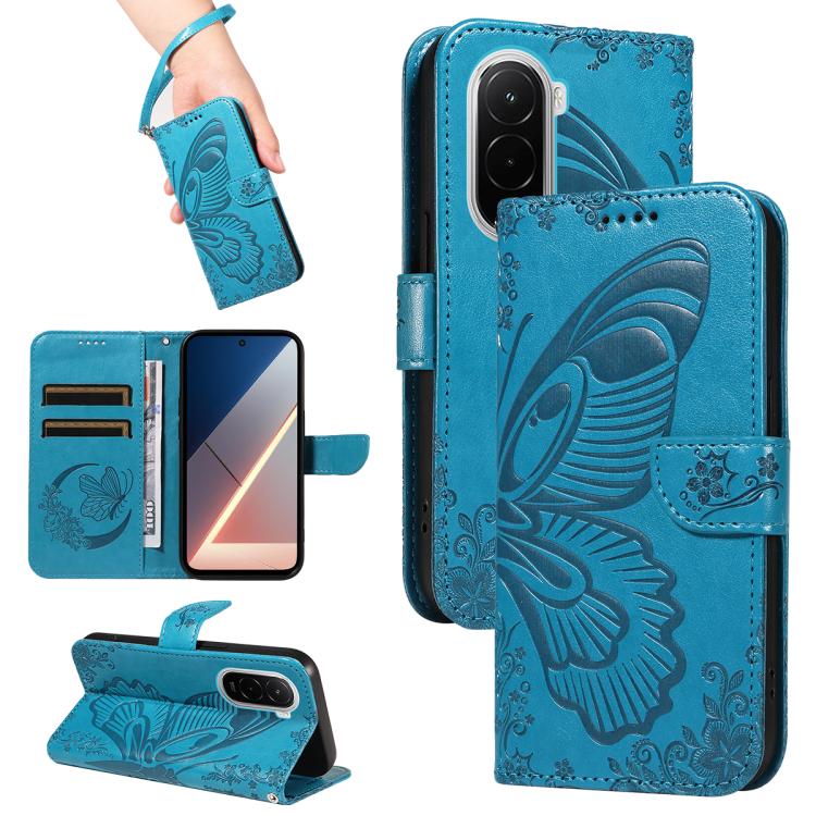 

For Xiaomi Poco M7 4G 169mm Swallowtail Butterfly Embossed Leather Phone Case(Blue)