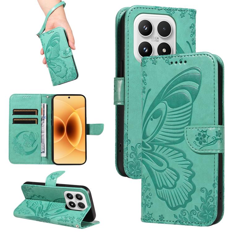 

For Xiaomi 17 Swallowtail Butterfly Embossed Leather Phone Case(Green)