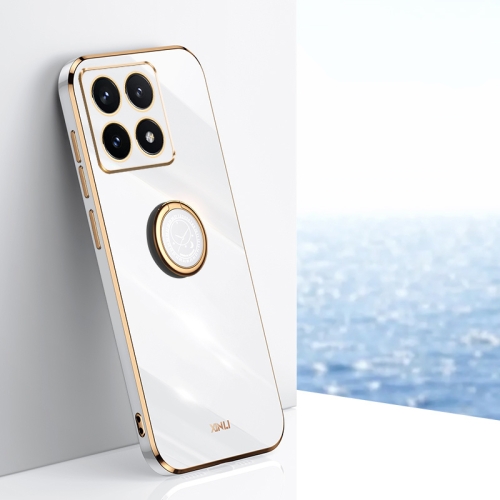 

For Xiaomi 14T 5G Global XINLI Straight 6D Plating Gold Edge TPU Shockproof Case with Ring Holder(White)