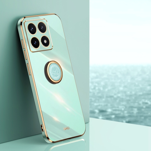 

For Xiaomi 14T Pro 5G Global XINLI Straight 6D Plating Gold Edge TPU Shockproof Case with Ring Holder(Mint Green)