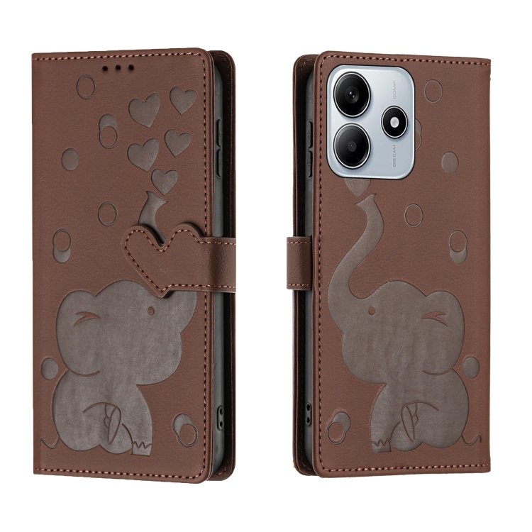 

For Redmi Note 14 5G Cartoon Elephant Embossed Leather Phone Case(Brown)