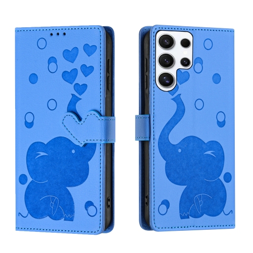 

For Samsung Galaxy S24 Ultra 5G Cartoon Elephant Embossed Leather Phone Case(Blue)