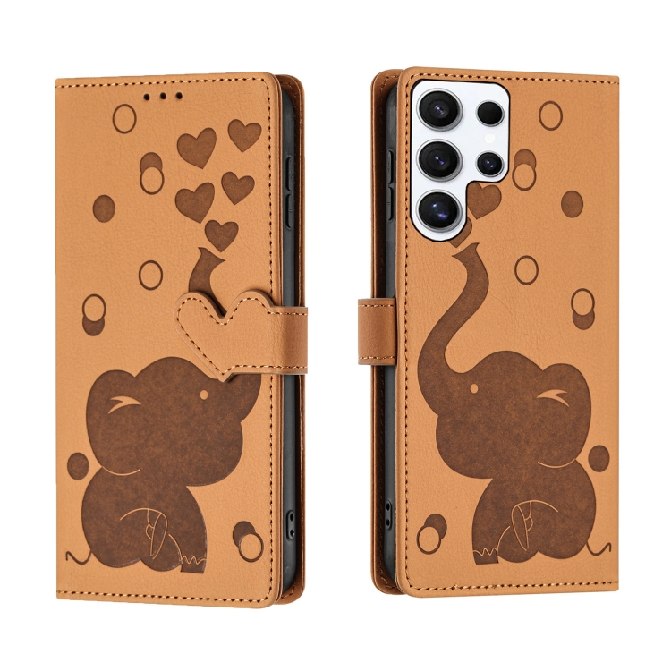 

For Samsung Galaxy S23 Ultra 5G Cartoon Elephant Embossed Leather Phone Case(Yellow)