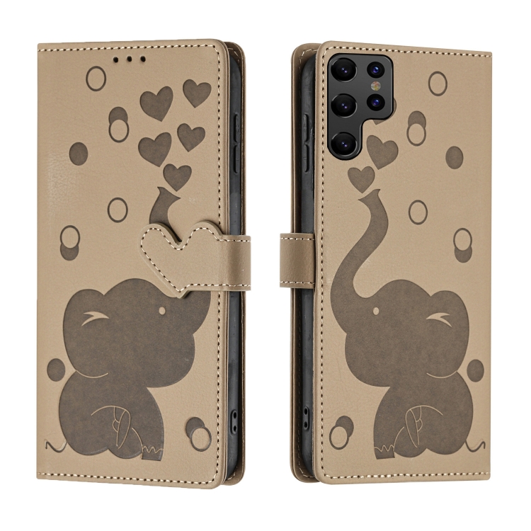 

For Samsung Galaxy S22 Ultra 5G Cartoon Elephant Embossed Leather Phone Case(Khaki)