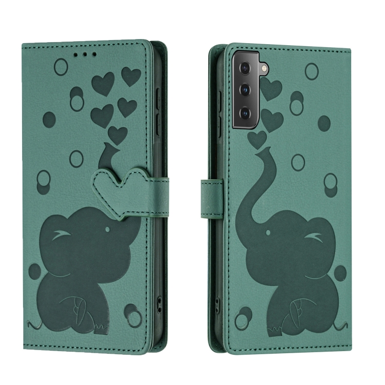 

For Samsung Galaxy S21+ 5G Cartoon Elephant Embossed Leather Phone Case(Green)