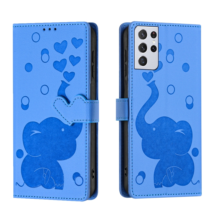 

For Samsung Galaxy S21 Ultra 5G Cartoon Elephant Embossed Leather Phone Case(Blue)