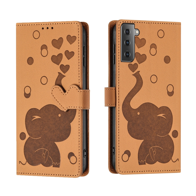 

For Samsung Galaxy S21 FE 5G Cartoon Elephant Embossed Leather Phone Case(Yellow)