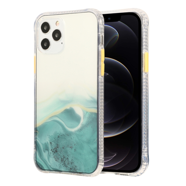 

For iPhone 12 / 12 Pro Marble Pattern Glittery Powder Shockproof TPU + Acrylic Protective Case with Detachable Buttons(Green)