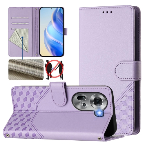 

For OPPO Reno11 5G Global Honeycomb Embossing RFID Leather Phone Case(Light Purple)