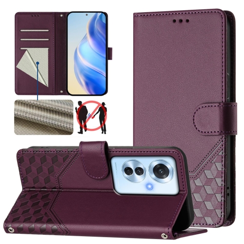 

For OPPO Reno11 F 5G Global Honeycomb Embossing RFID Leather Phone Case(Violet)