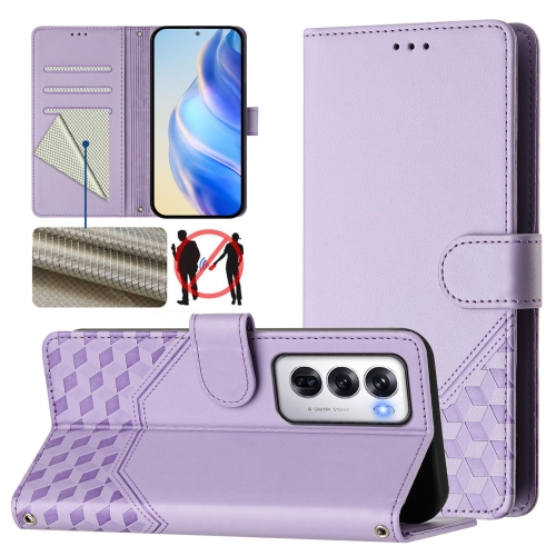 

For OPPO Reno12 5G Global Honeycomb Embossing RFID Leather Phone Case(Light Purple)