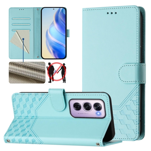 

For OPPO Reno12 Pro 5G Global Honeycomb Embossing RFID Leather Phone Case(Mint Green)