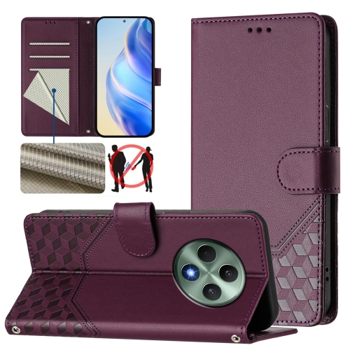 

For OPPO Reno12 F 4G Global Honeycomb Embossing RFID Leather Phone Case(Violet)