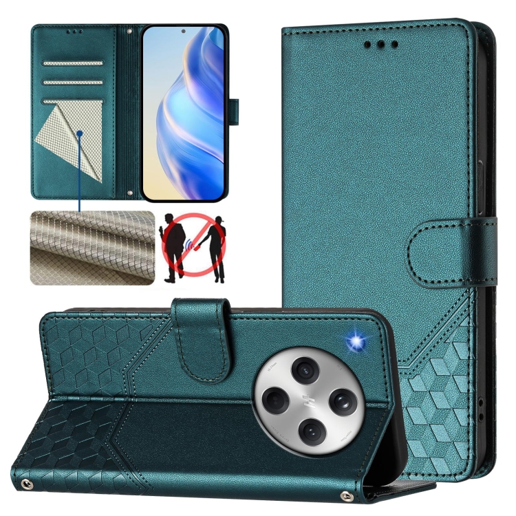 

For OPPO Find X8 Honeycomb Embossing RFID Leather Phone Case(Peacock Green)