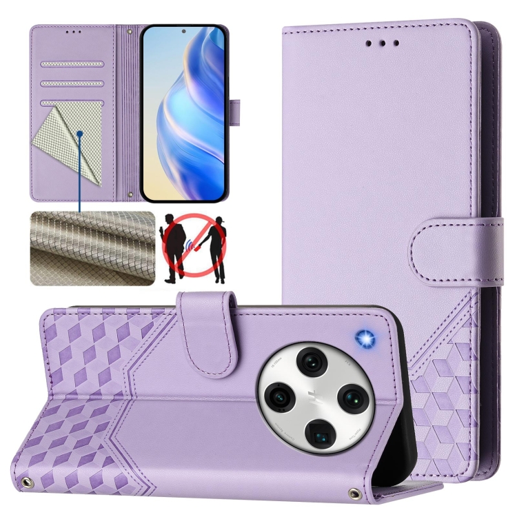 

For OPPO Find X8 Pro Honeycomb Embossing RFID Leather Phone Case(Light Purple)