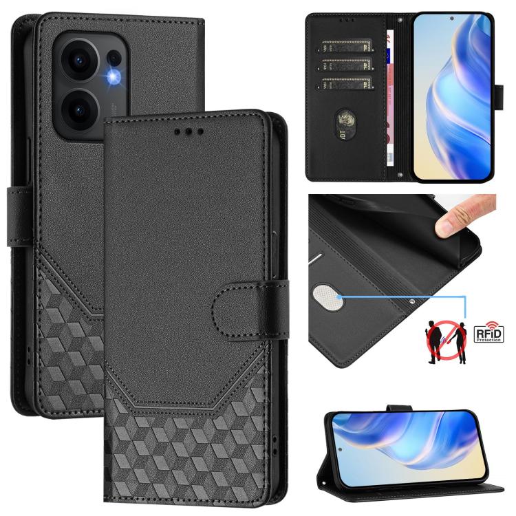 

For OPPO Reno13 F 5G Honeycomb Embossing RFID Leather Phone Case(Black)
