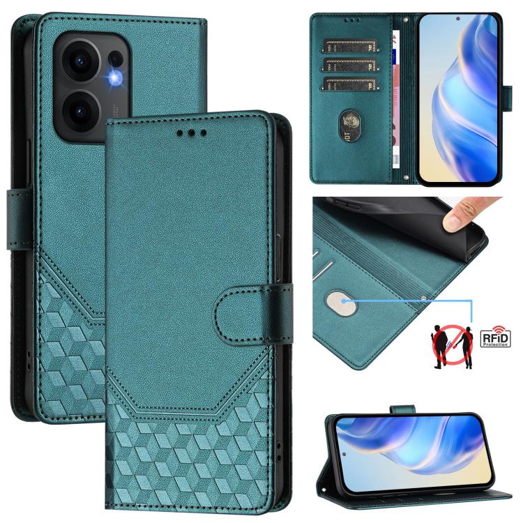 

For OPPO Reno13 F 5G Honeycomb Embossing RFID Leather Phone Case(Peacock Green)