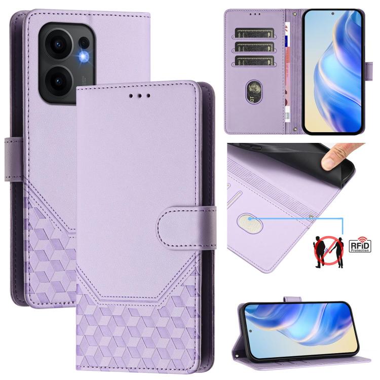 

For OPPO Reno13 F 5G Honeycomb Embossing RFID Leather Phone Case(Light Purple)