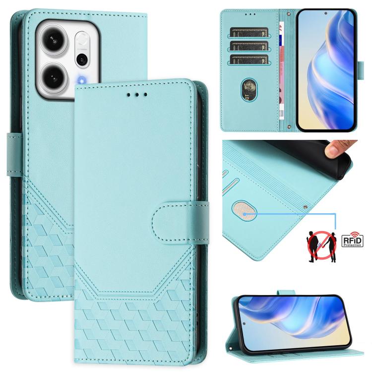 

For OPPO Reno14 Global Honeycomb Embossing RFID Leather Phone Case(Mint Green)