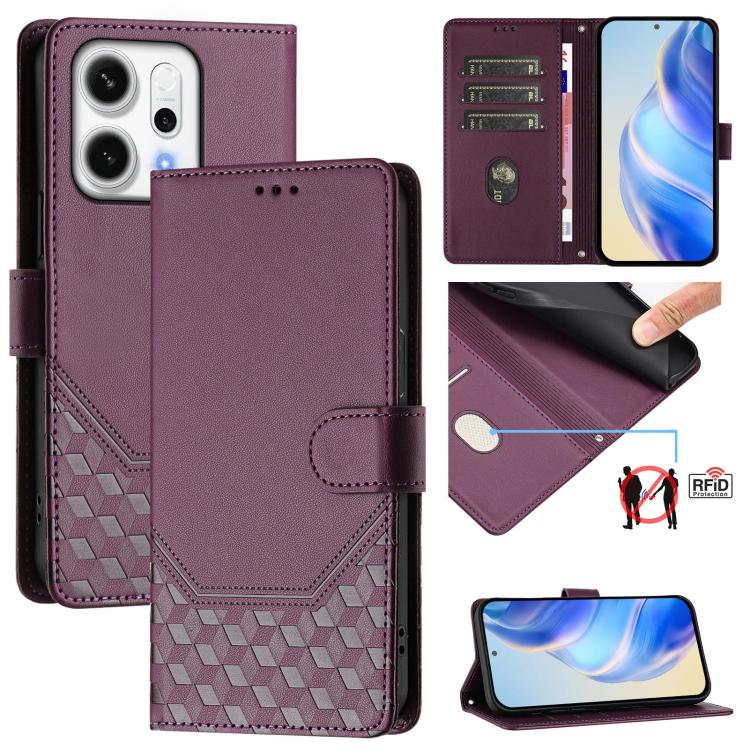 

For OPPO Reno14 Global Honeycomb Embossing RFID Leather Phone Case(Violet)