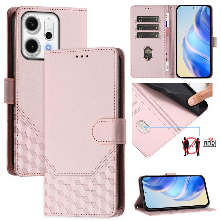 

For OPPO Reno14 Pro Global Honeycomb Embossing RFID Leather Phone Case(Pink)