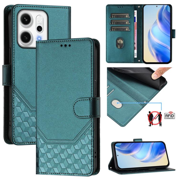 

For OPPO Reno14 Pro Global Honeycomb Embossing RFID Leather Phone Case(Peacock Green)