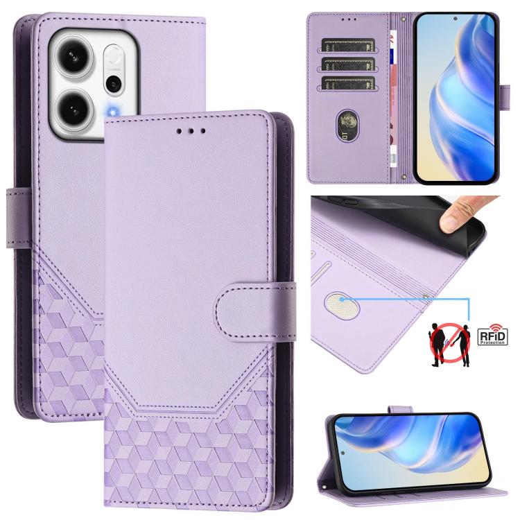 

For OPPO Reno14 Pro Global Honeycomb Embossing RFID Leather Phone Case(Light Purple)