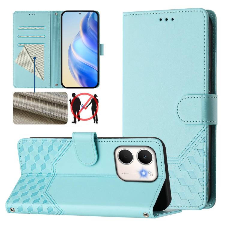 

For OPPO A5x 5G / 4G Global Honeycomb Embossing RFID Leather Phone Case(Mint Green)