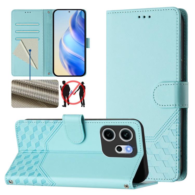 

For OPPO Reno14 F 5G Honeycomb Embossing RFID Leather Phone Case(Mint Green)