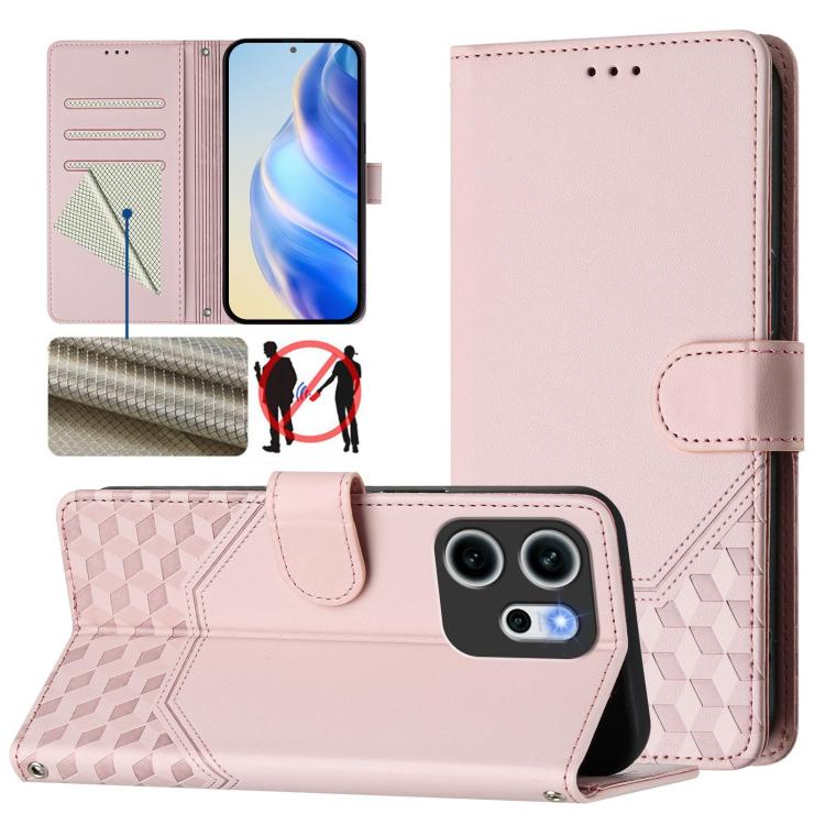 

For OPPO Reno14 F 5G Honeycomb Embossing RFID Leather Phone Case(Pink)