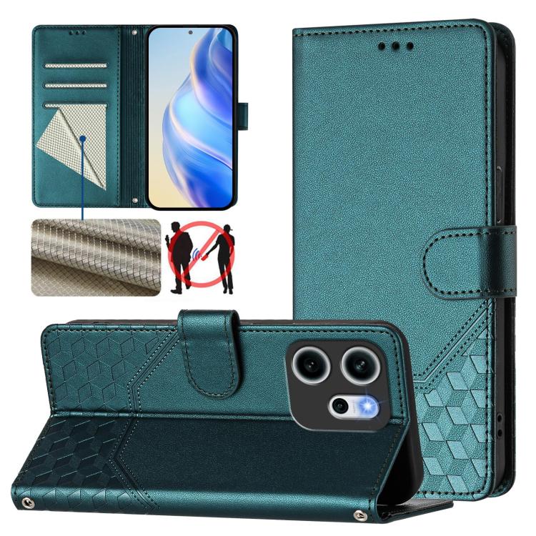 

For OPPO Reno14 F 5G Honeycomb Embossing RFID Leather Phone Case(Peacock Green)