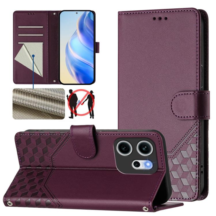 

For OPPO Reno14 F 5G Honeycomb Embossing RFID Leather Phone Case(Violet)