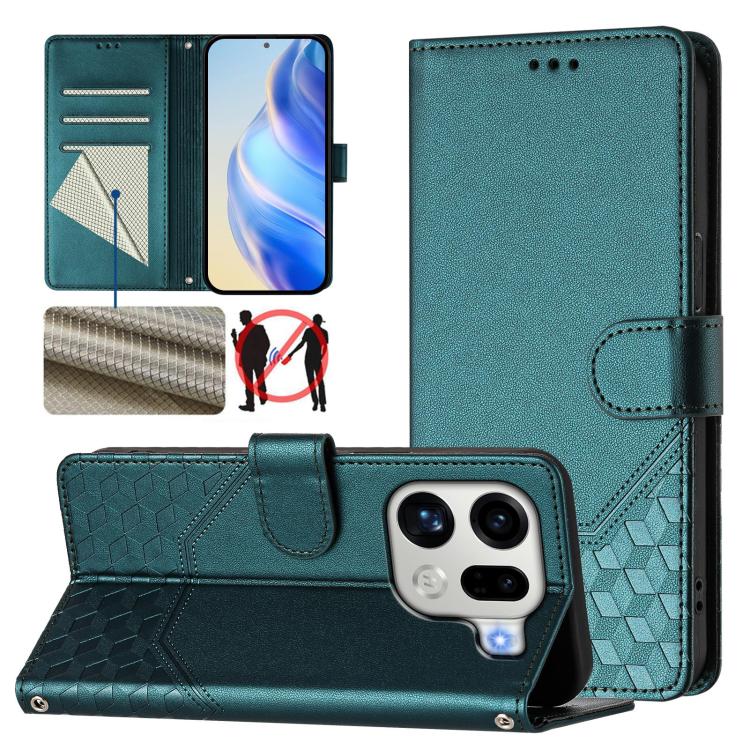 

For OPPO Find X9 Pro Honeycomb Embossing RFID Leather Phone Case(Peacock Green)