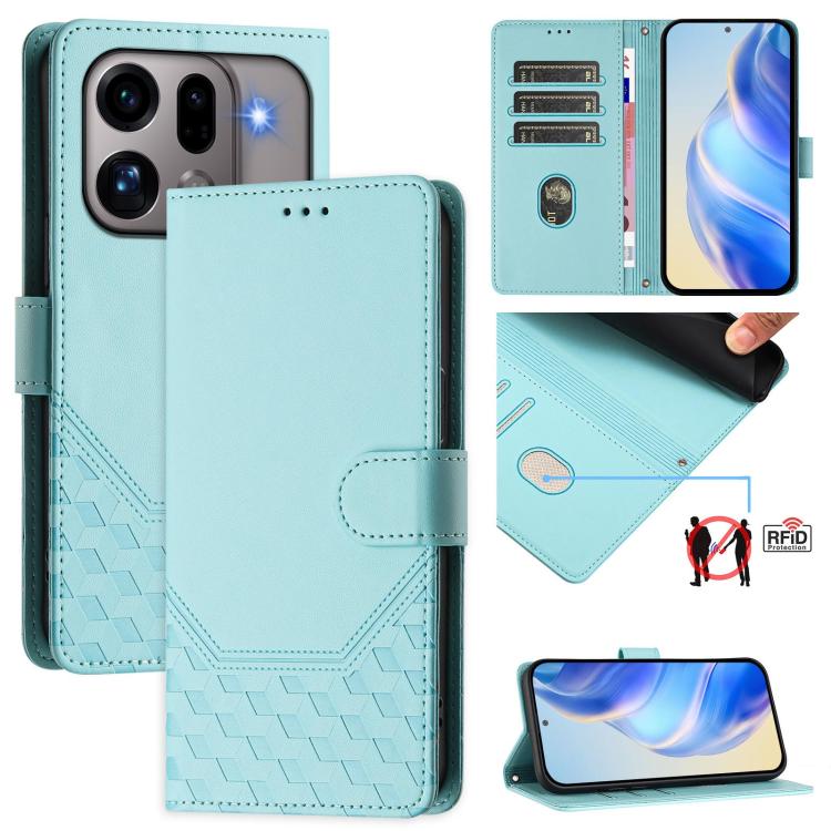 

For OPPO Find X9s Pro Honeycomb Embossing RFID Leather Phone Case(Mint Green)