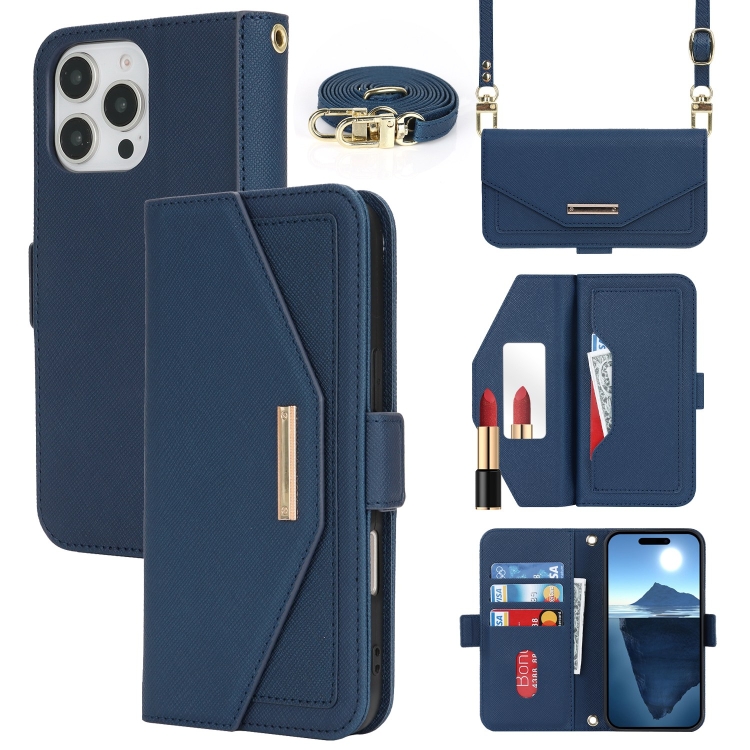 

For iPhone 16 Pro Cross Texture Crossbody Lanyard Leather Phone Case(Blue)