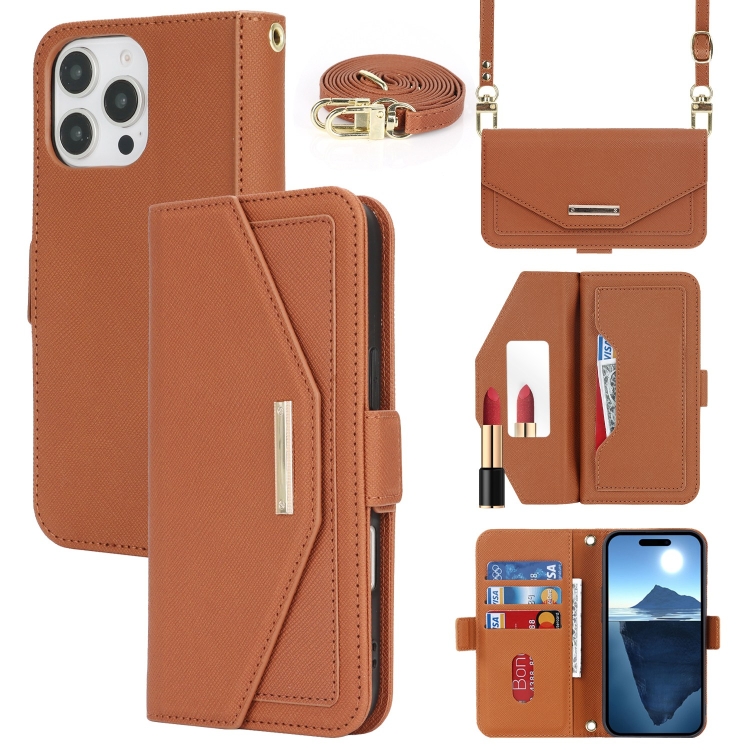 

For iPhone 16 Pro Cross Texture Crossbody Lanyard Leather Phone Case(Brown)