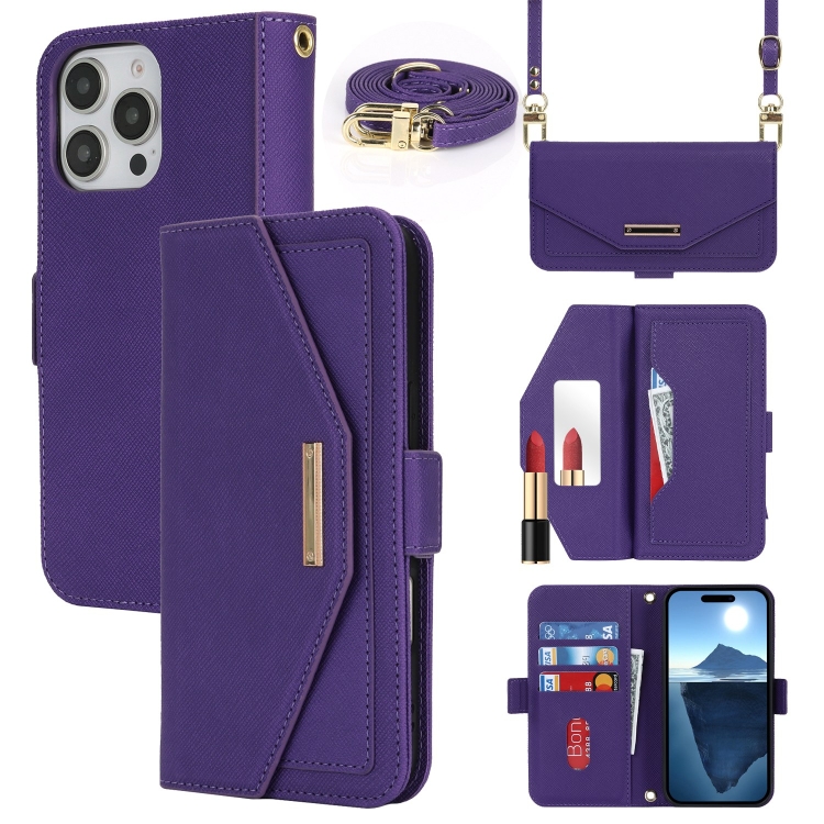 

For iPhone 16 Pro Cross Texture Crossbody Lanyard Leather Phone Case(Purple)