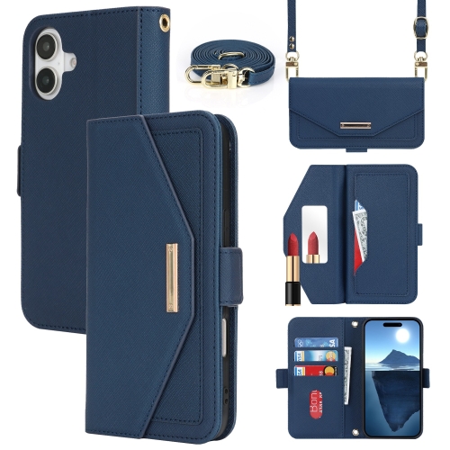 

For iPhone 16 Plus Cross Texture Crossbody Lanyard Leather Phone Case(Blue)