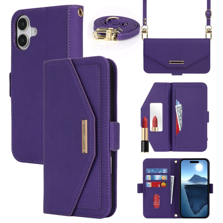 

For iPhone 16 Cross Texture Crossbody Lanyard Leather Phone Case(Purple)