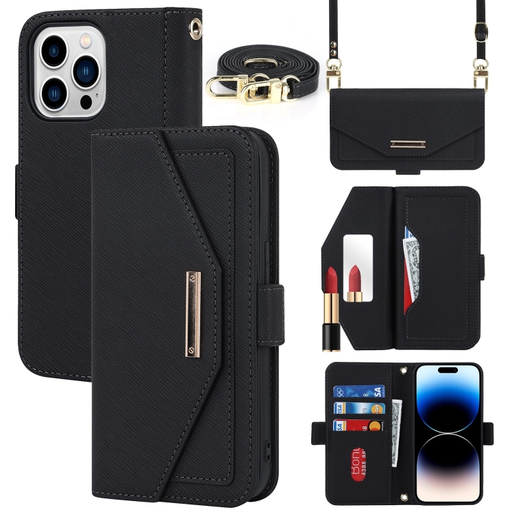 

For iPhone 15 Pro Max Cross Texture Crossbody Lanyard Leather Phone Case(Black)