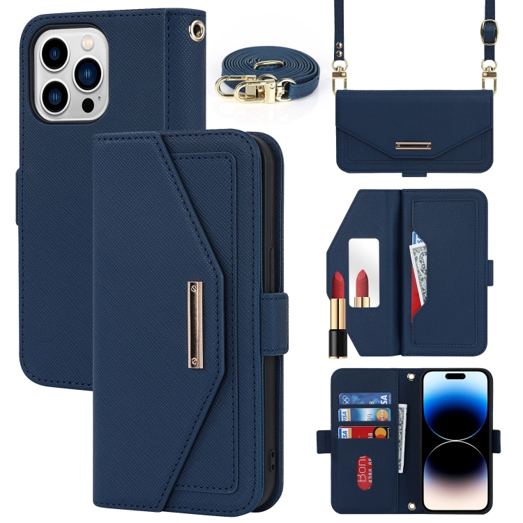 

For iPhone 15 Pro Max Cross Texture Crossbody Lanyard Leather Phone Case(Blue)