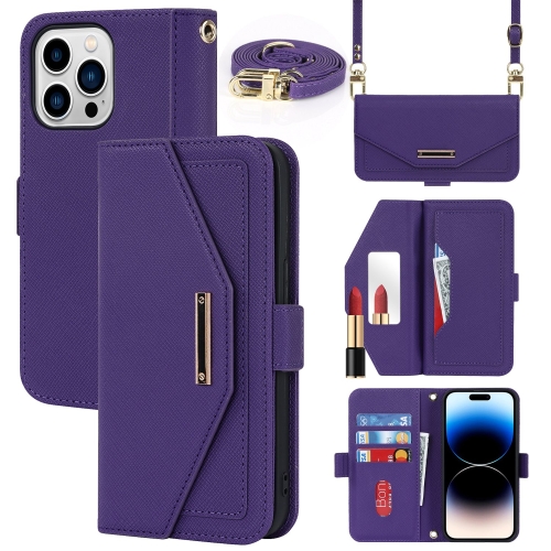 

For iPhone 15 Pro Max Cross Texture Crossbody Lanyard Leather Phone Case(Purple)