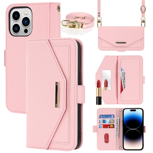 

For iPhone 15 Pro Max Cross Texture Crossbody Lanyard Leather Phone Case(Pink)