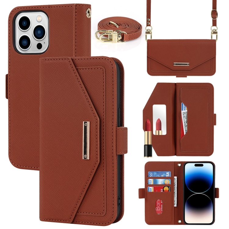 

For iPhone 15 Pro Cross Texture Crossbody Lanyard Leather Phone Case(Brown)